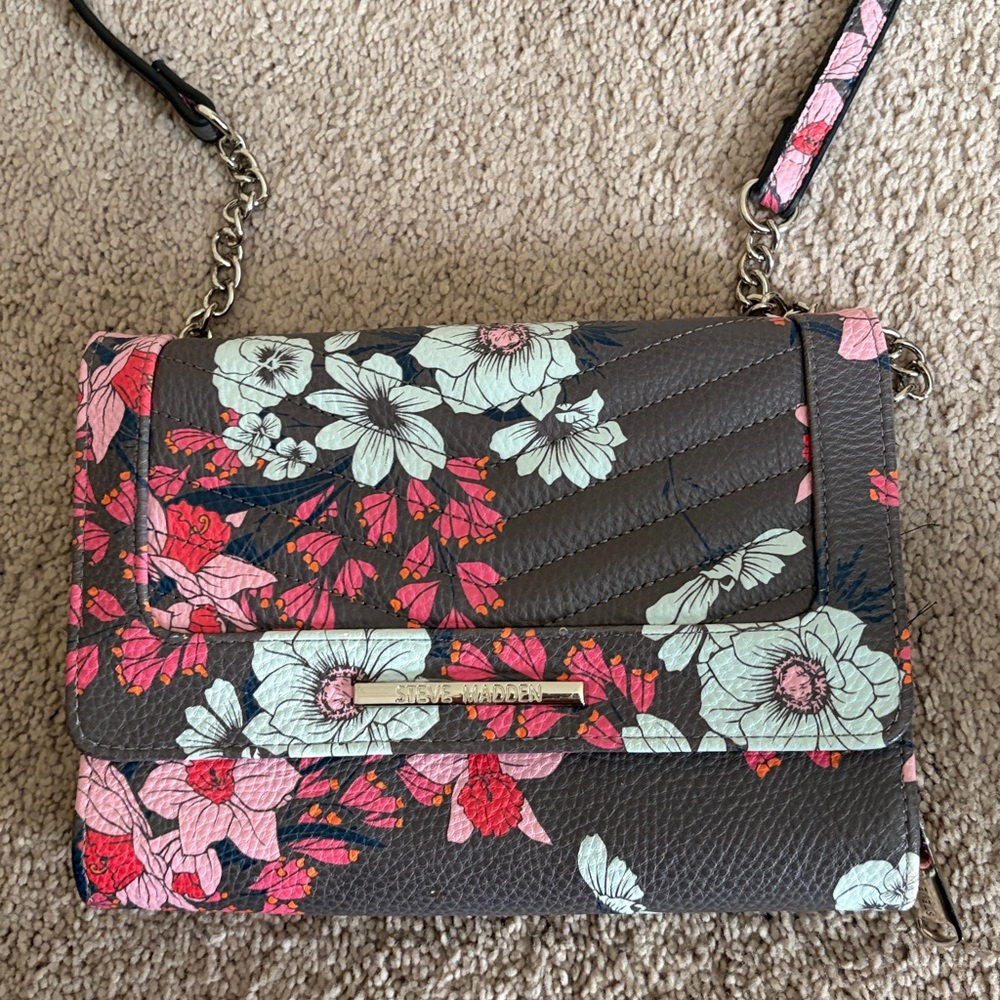 Steve Madden Floral Crossbody Bag in Gray with Pink & Mint Accents